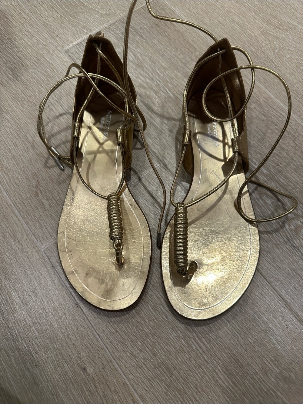 Aquazzura Gold Metallic Wrap-Around Thong Sandals